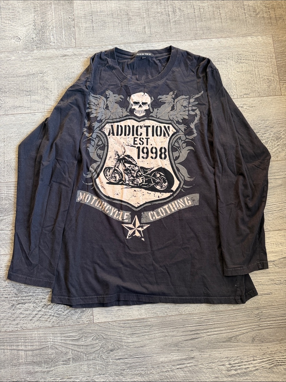 Addiction Black Long Sleeve Motorcycle Shield Graphic Tee